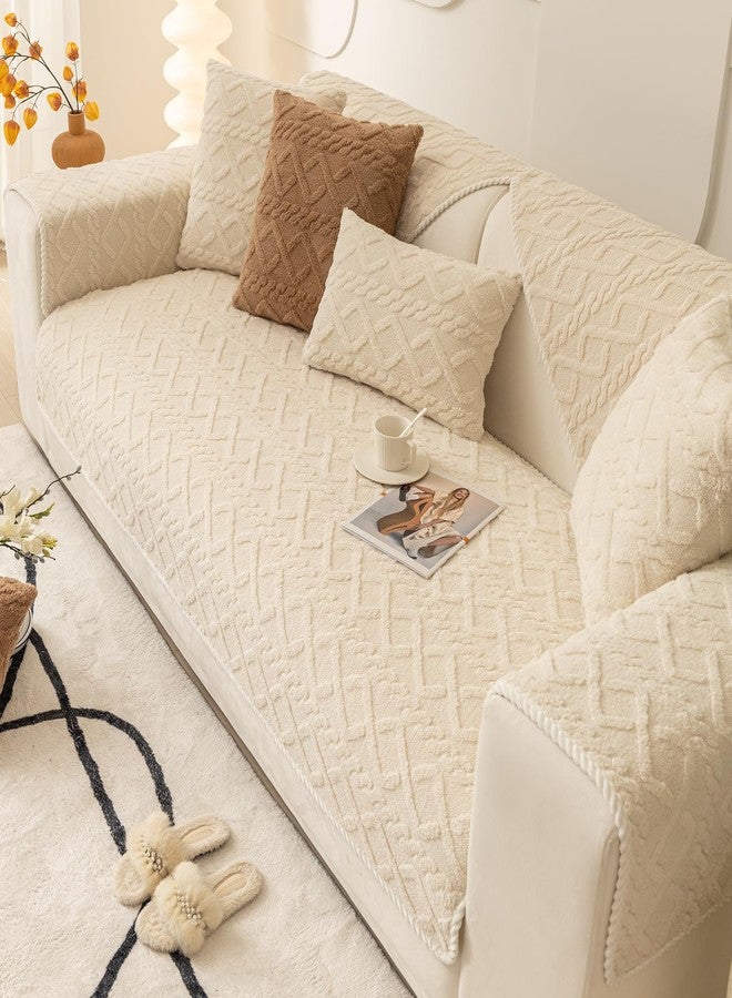 vctops Geometric Jacquard Plush Sofa Couch Covers Farmhouse Neutral Non Slip Sectional Couch Cover Soft Warm Sofa Slipcover for Dogs, Children, Pets Furniture Protector (Cream,28"x70") - Image 1