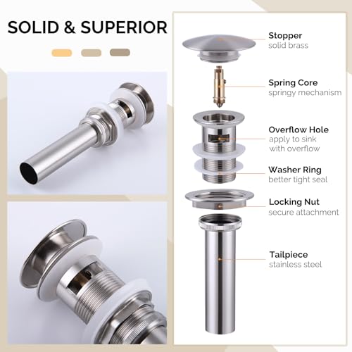 Angle Simple Bathroom Sink Drain, Brass Pop Up Drain Stopper for Vanity Sink with Overflow, Brushed Nickel - Image 5