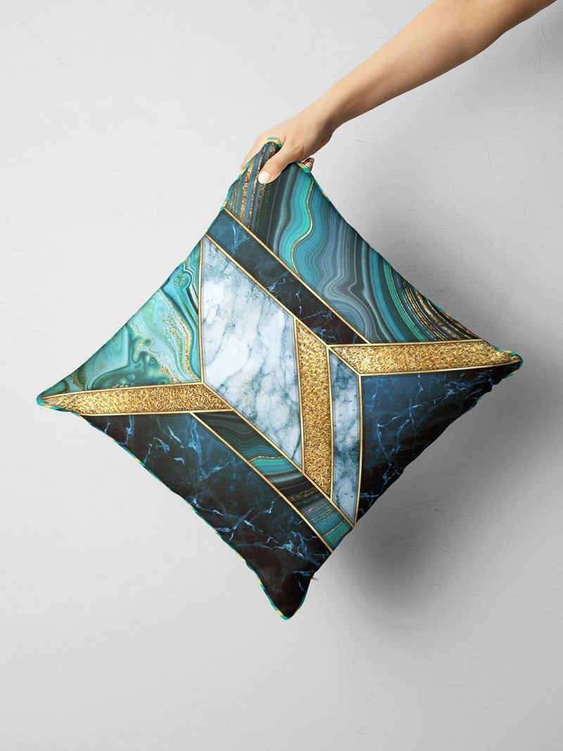 BIANCA Designer Reversible Printed Silk Linen Cushion Covers -1pc 16 X16 Size (Suzane) | with Contrast Front & Back Digital Print | - Hidden Zipper Geometric-Abstract-Teal/Gold - Image 1