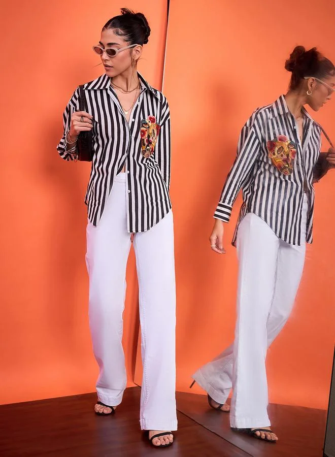 أبتاوني قميص مخطط بقصة عادية وتفاصيل خرز