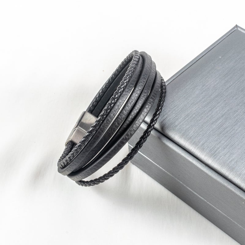 أسورة رجالي متعددة الأدوار أستانليس ستيل وجلد أسود - Image 2