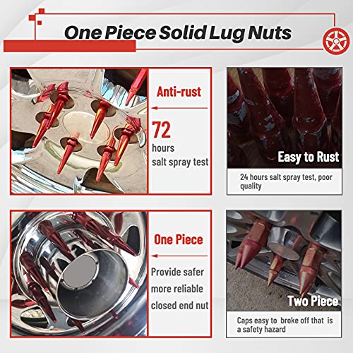 MIKKUPPA M14x1.5 Wheel Spike Lug Nuts, 32 PCS Red Spiked 14mmx1.5 Solid 4.4" Tall Acorn Lug Nuts with 1 Socket Key Replacement for Chevy Silverado 1500 2500 3500, F-150 F-250 F-350 - Image 4