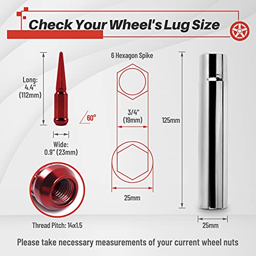 MIKKUPPA M14x1.5 Wheel Spike Lug Nuts, 32 PCS Red Spiked 14mmx1.5 Solid 4.4" Tall Acorn Lug Nuts with 1 Socket Key Replacement for Chevy Silverado 1500 2500 3500, F-150 F-250 F-350 - Image 2