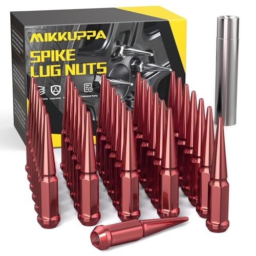 MIKKUPPA M14x1.5 Wheel Spike Lug Nuts, 32 PCS Red Spiked 14mmx1.5 Solid 4.4" Tall Acorn Lug Nuts with 1 Socket Key Replacement for Chevy Silverado 1500 2500 3500, F-150 F-250 F-350 - Image 1