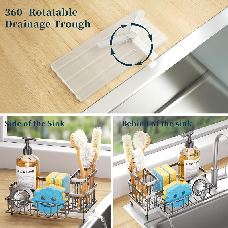 Consumest Consuemst Sponge Holder for Kitchen Sink - Auto Draining Sink Caddy Organizer with Detachable Rack, High Brush Holder, Kitchen Countertop Storage Accessories, Silver - Image 2