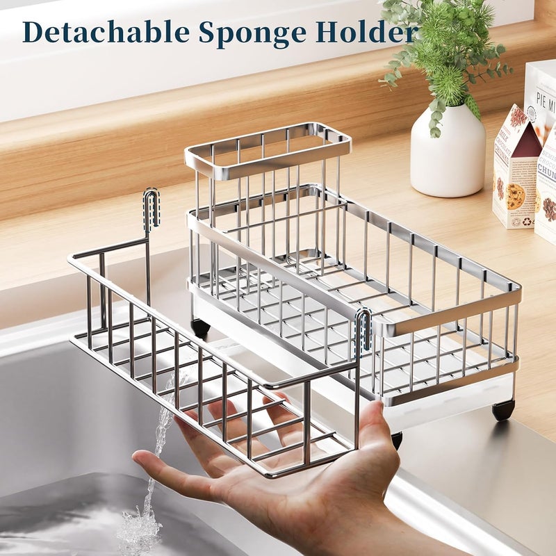 Consumest Consuemst Sponge Holder for Kitchen Sink - Auto Draining Sink Caddy Organizer with Detachable Rack, High Brush Holder, Kitchen Countertop Storage Accessories, Silver - Image 4