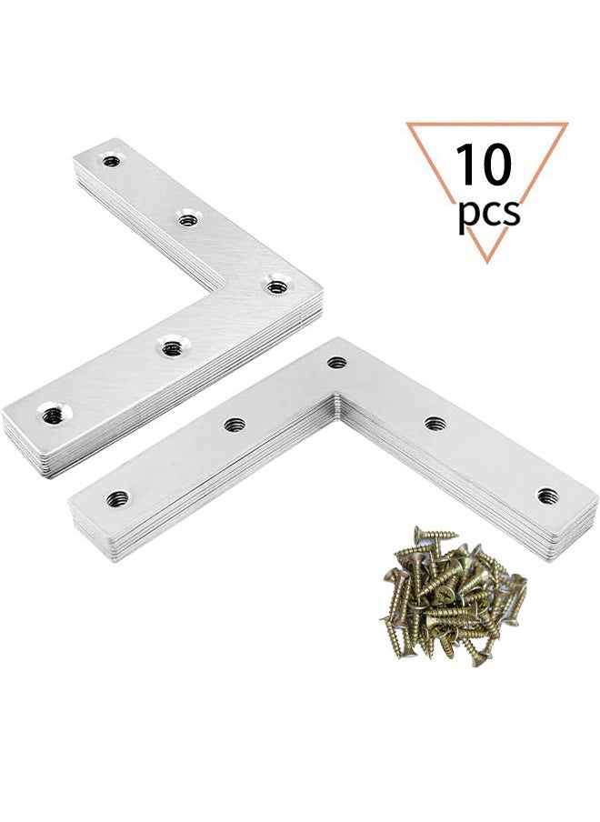10 Pcs Flat Corner Brace L Type Shelf Bracket Heavy Duty Stainless Steel Shelf Supports Decorative Joint Angle Bracket with Screws for Shelves Furniture Cabinet Tables Chairs Corner and Shelves Silver  - Image 1