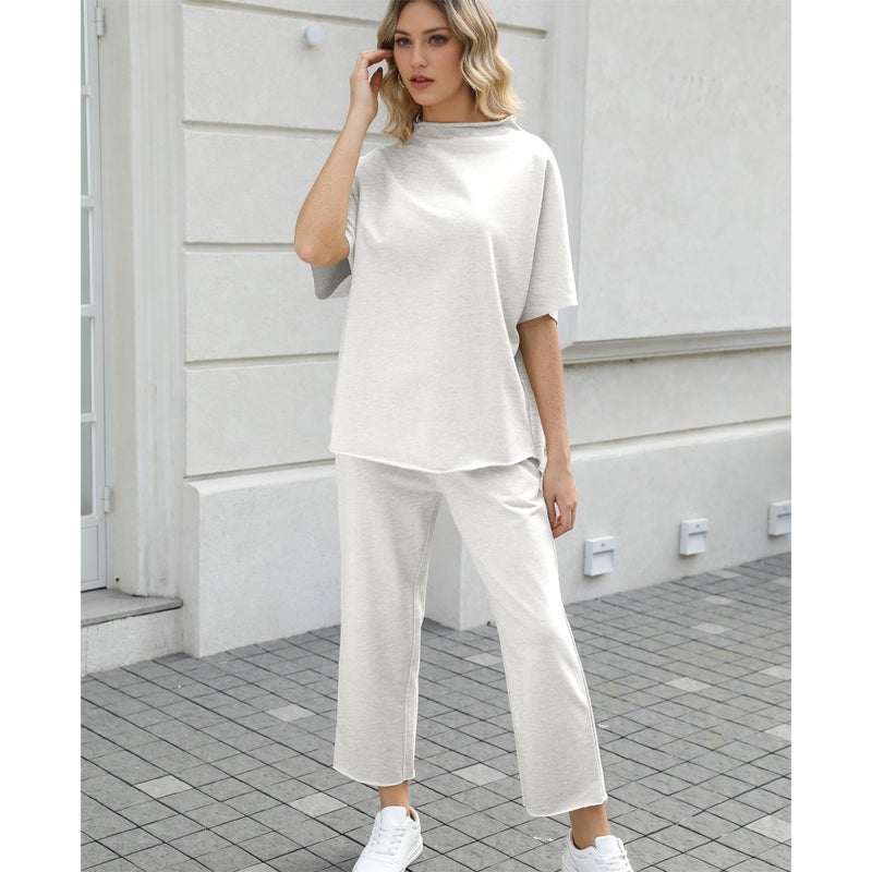 SeeLuNa Women's Two Piece Outfits 3/4 Batwing Sleeve Capelet Crew Neck Pullover Top Wide Leg Pants Lounge Set(Light Gray,M) - Image 5