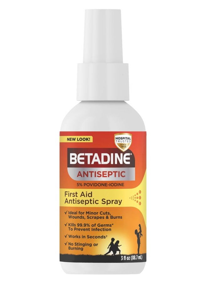 BETADINE Antiseptic First Aid Spray, Povidone-iodine 5%, Infection Protection, Kills Germs In Minor Cuts Scrapes And Burns, No Sting Promise, No Alcohol or Hydrogen Peroxide, 3 FL OZ  - Image 1