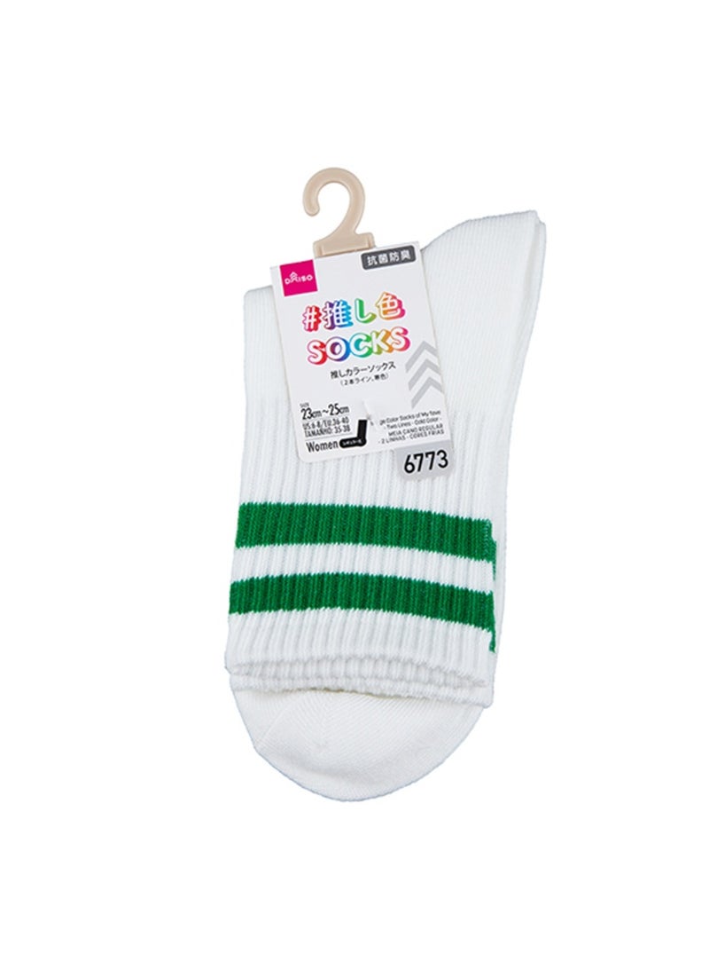 White Crew Socks with Green Stripes, Antimicrobial & Anti-Odor, Breathable for Everyday Wear