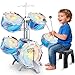 deAO Kids Drum Set for Toddlers Upgraded Jazz Drum Set with 5 High Drums Lights VibratingControlled Musical Instruments Toys for Toddlers 35 Birthday Blue - Image 2
