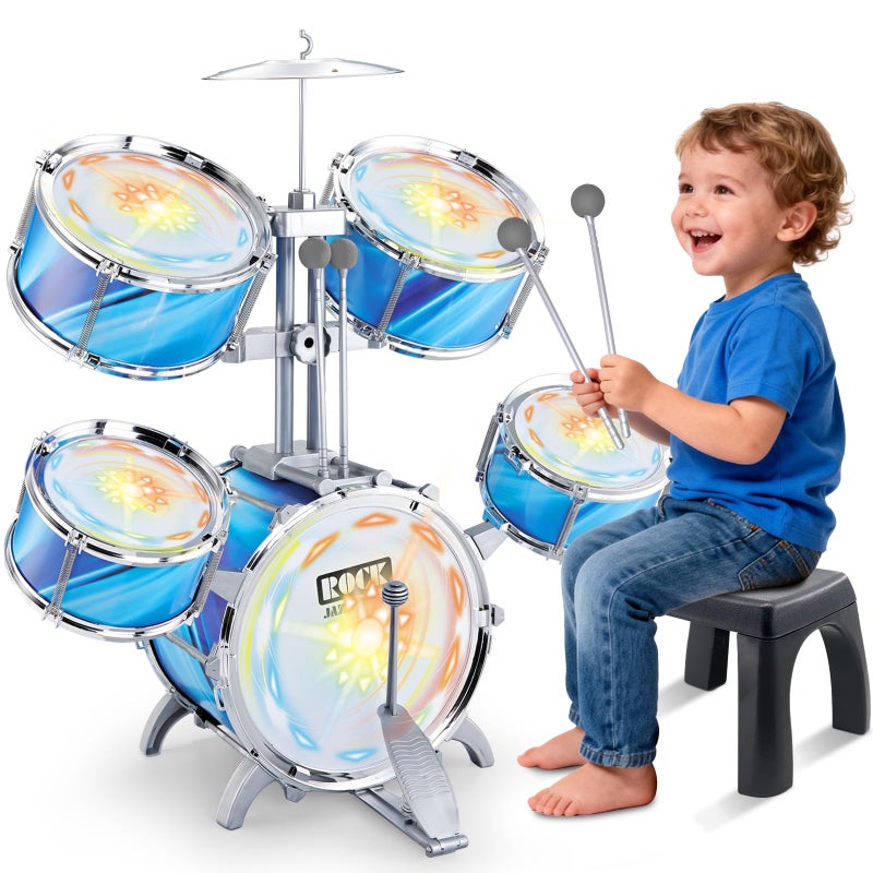 deAO Kids Drum Set for Toddlers Upgraded Jazz Drum Set with 5 High Drums Lights VibratingControlled Musical Instruments Toys for Toddlers 35 Birthday Blue - Image 3