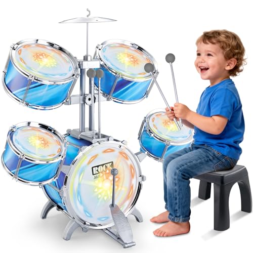 deAO Kids Drum Set for Toddlers Upgraded Jazz Drum Set with 5 High Drums Lights VibratingControlled Musical Instruments Toys for Toddlers 35 Birthday Blue - Image 1