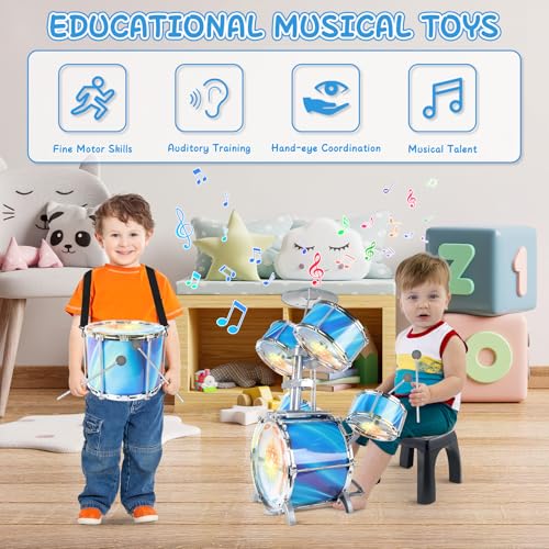 deAO Kids Drum Set for Toddlers Upgraded Jazz Drum Set with 5 High Drums Lights VibratingControlled Musical Instruments Toys for Toddlers 35 Birthday Blue - Image 5