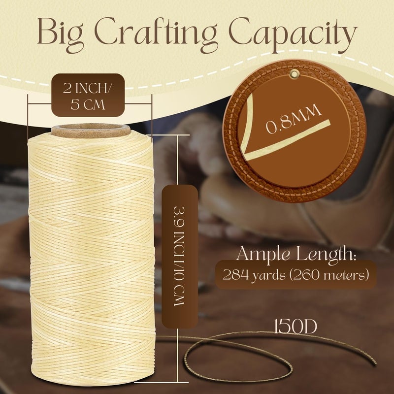 Flexzion Waxed Thread - 284 Yards (260 Meters) 0.8mm 150D Polyester Wax Thread for Leather Sewing, Bookbinding, Stitching, Repairing, Beading, & DIY Projects (Beige) - Image 3