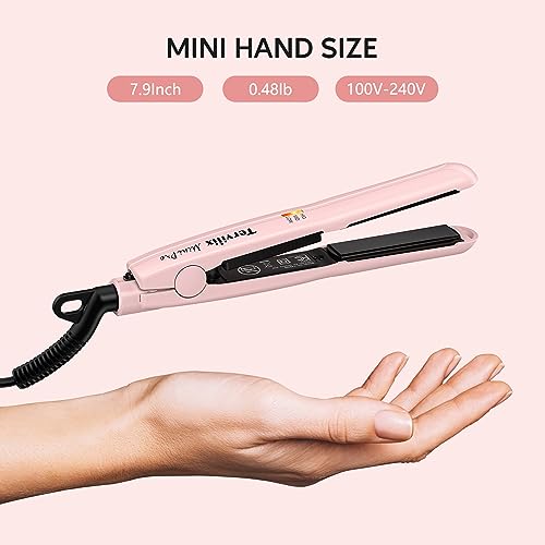 Terviiix Mini Flat Iron Hair Straightener, Adjustable Temperature, Travel-Size, 1/2" Ceramic Plates, Dual Voltage, Auto-Off, Pink - Image 3