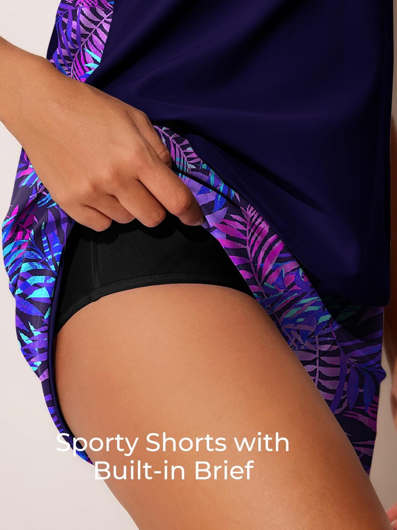 Summer Mae Blouson Tankini Swimsuits for Women 2026 Tummy Control Two Piece Bathing Suits with Sporty Pockets Swim Shorts Purple Leaf Shadows Size 6 - Image 5