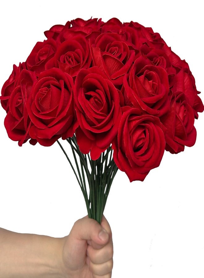 FagusHome 30 Pcs Silk Rose Artificial Flowers Roses Bulk Bouquet Fake Flowers Rose Heads with Stems for Home Wedding Decor (Red) - Image 3