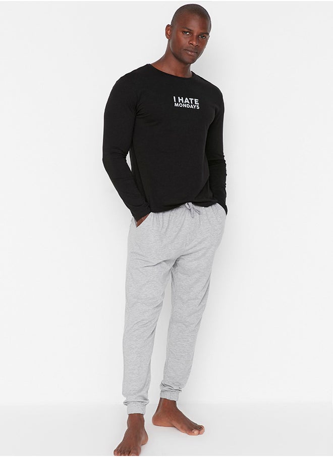 trendyol - Men's Black Slogan Printed Regular Fit Knitted Pajamas Set - Image 1