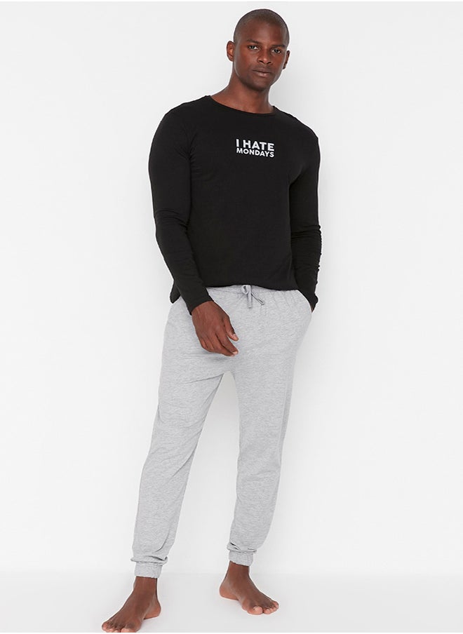 trendyol - Men's Black Slogan Printed Regular Fit Knitted Pajamas Set - Image 1