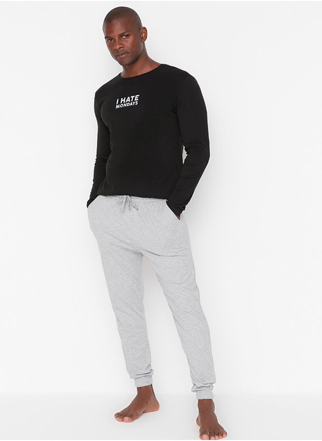 trendyol - Men's Black Slogan Printed Regular Fit Knitted Pajamas Set - Image 1