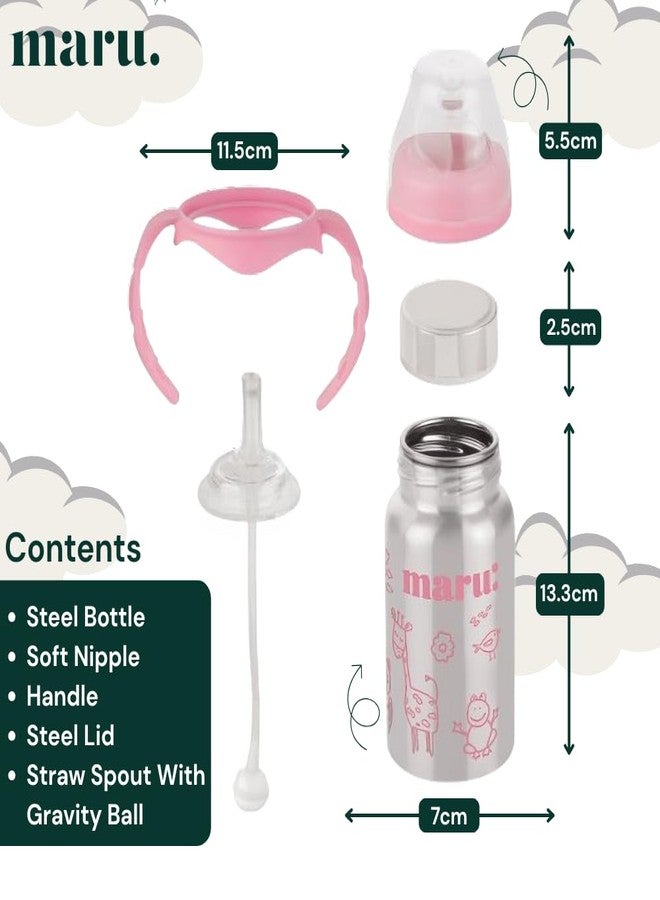 Maru Steel Printed 3-in-1 Baby Feeding Bottle 240ml (Pink) – Includes Nipple, Sipper Straw, Travel Lid & Cleaning Brush – Perfect for 3+ Month Babies, Versatile, Safe & Travel-Friendly - Image 1