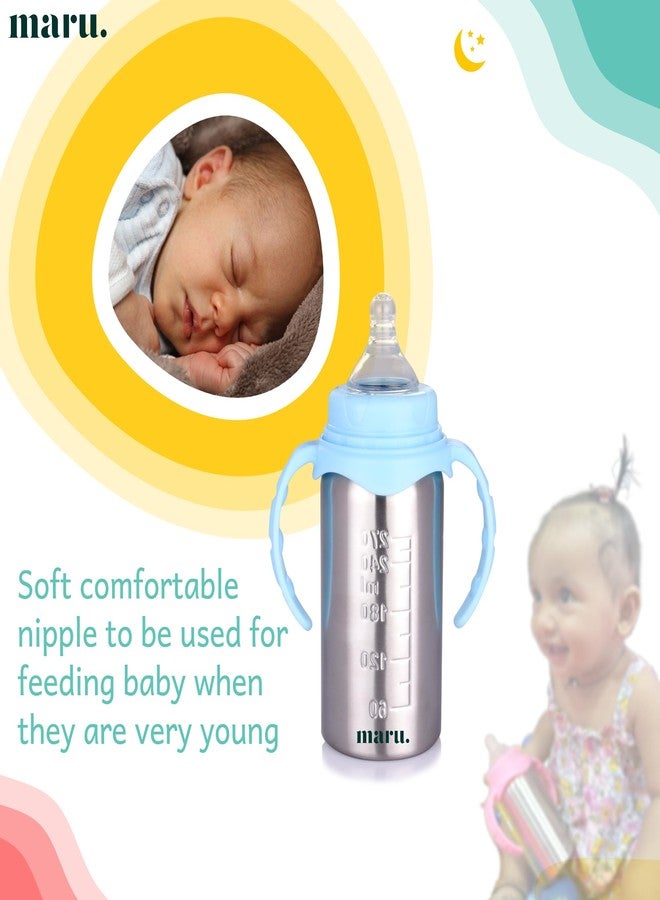 Maru Steel Printed 3-in-1 Baby Feeding Bottle 240ml (Pink) – Includes Nipple, Sipper Straw, Travel Lid & Cleaning Brush – Perfect for 3+ Month Babies, Versatile, Safe & Travel-Friendly - Image 3