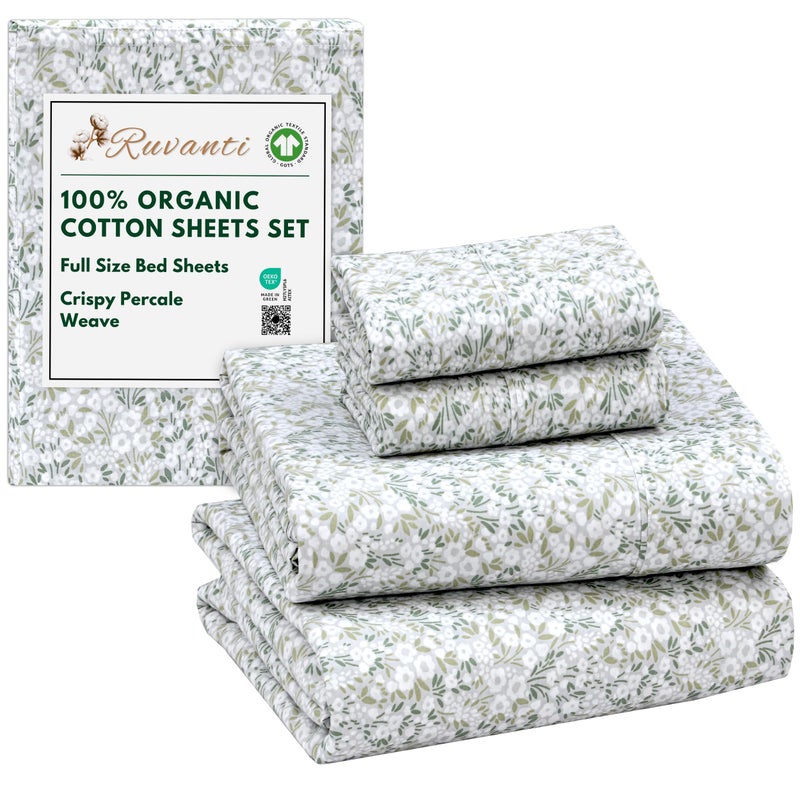 RUVANTI 100% Organic Cotton Sheets Full Size, Percale Weave, GOTS Certified, 4-Piece Set, Deep Pocket 15", Crisp & Breathable, Soft Durable Bedding, SÃ¡banas AlgodÃ³n OrgÃ¡nico â€“ Floral Rush - Image 1