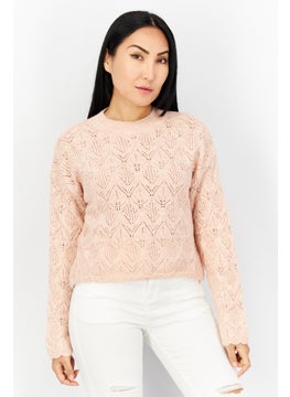 Reserved Women Mock Neck Knitted Long Sleeve Sweater, Peach  - Image 1