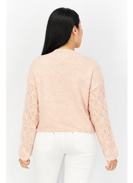 Reserved Women Mock Neck Knitted Long Sleeve Sweater, Peach  - Image 3