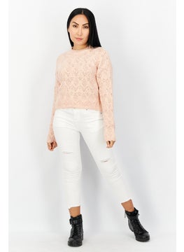 Reserved Women Mock Neck Knitted Long Sleeve Sweater, Peach  - Image 2