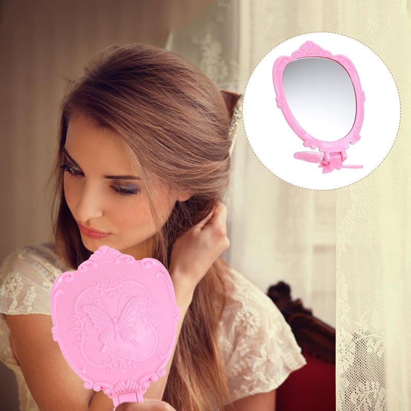 مرايا مكياج يدوية رترو قابلة للطي، محمولة، بمقبض، للاستخدام أثناء السفر والاستخدام اليومي، باللون الوردي (2 قطع). - Image 4