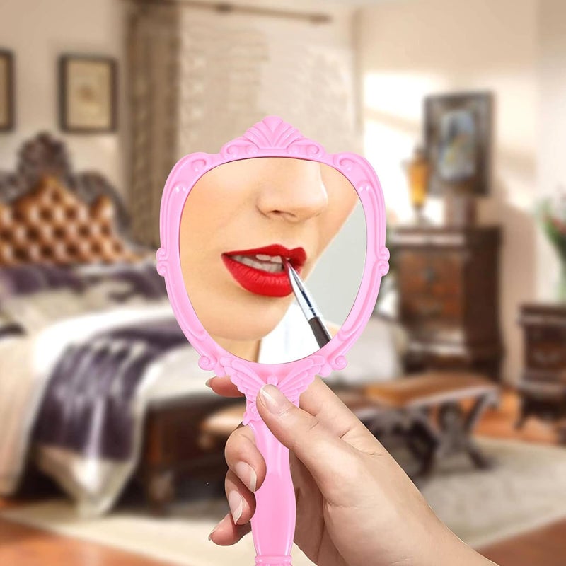 مرايا مكياج يدوية رترو قابلة للطي، محمولة، بمقبض، للاستخدام أثناء السفر والاستخدام اليومي، باللون الوردي (2 قطع). - Image 5