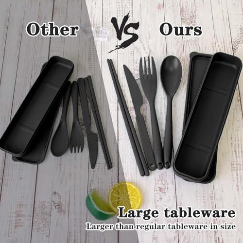 Lnrkai Large Reusable Travel Utensils Set with Case, Plastic Set for Adults Travel Picnic Camping, Portable Flatware Cutlery Set with Chopsticks for Daily Use(Black) - Image 2