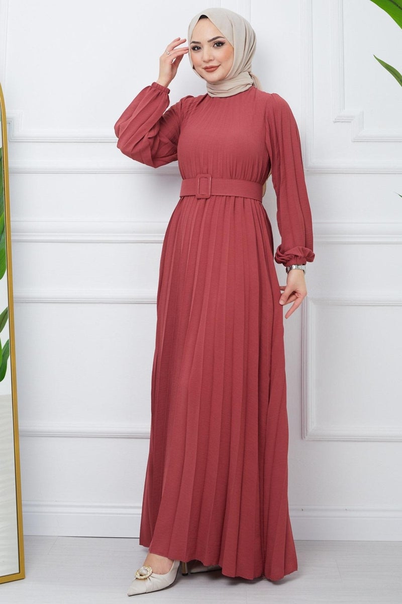 Hafsa Mina Belted Pleated Aerobin Dress Dusty Rose HM2339 - Image 1