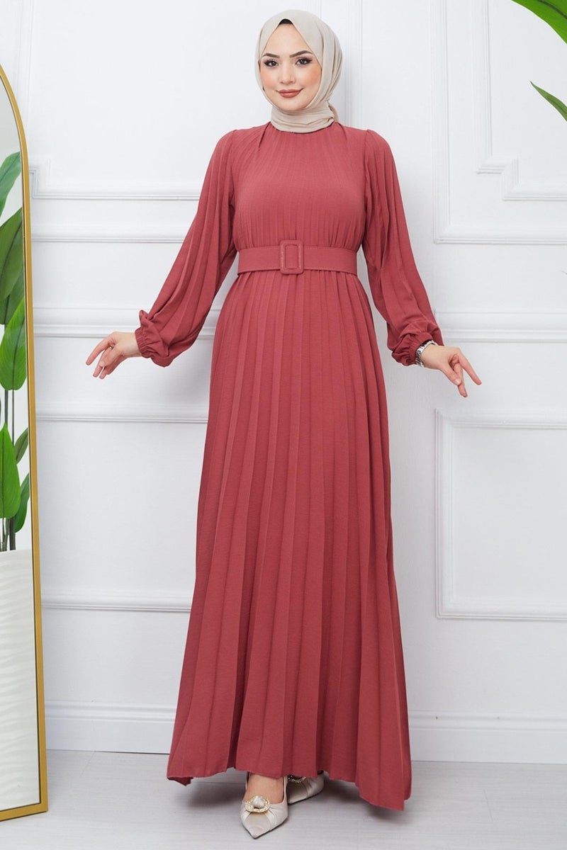 Hafsa Mina Belted Pleated Aerobin Dress Dusty Rose HM2339 - Image 2