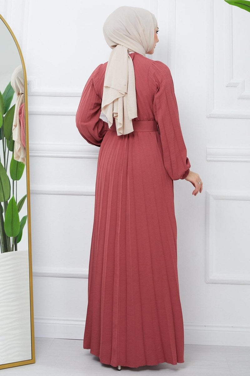 Hafsa Mina Belted Pleated Aerobin Dress Dusty Rose HM2339 - Image 5