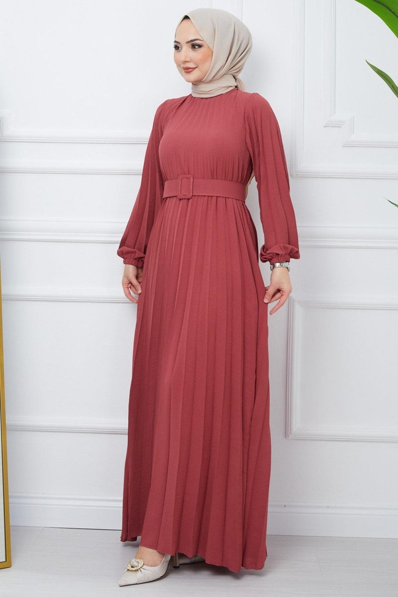 Hafsa Mina Belted Pleated Aerobin Dress Dusty Rose HM2339 - Image 3