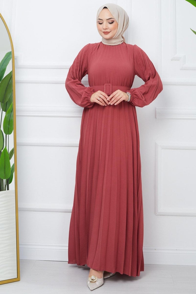 Hafsa Mina Belted Pleated Aerobin Dress Dusty Rose HM2339 - Image 4