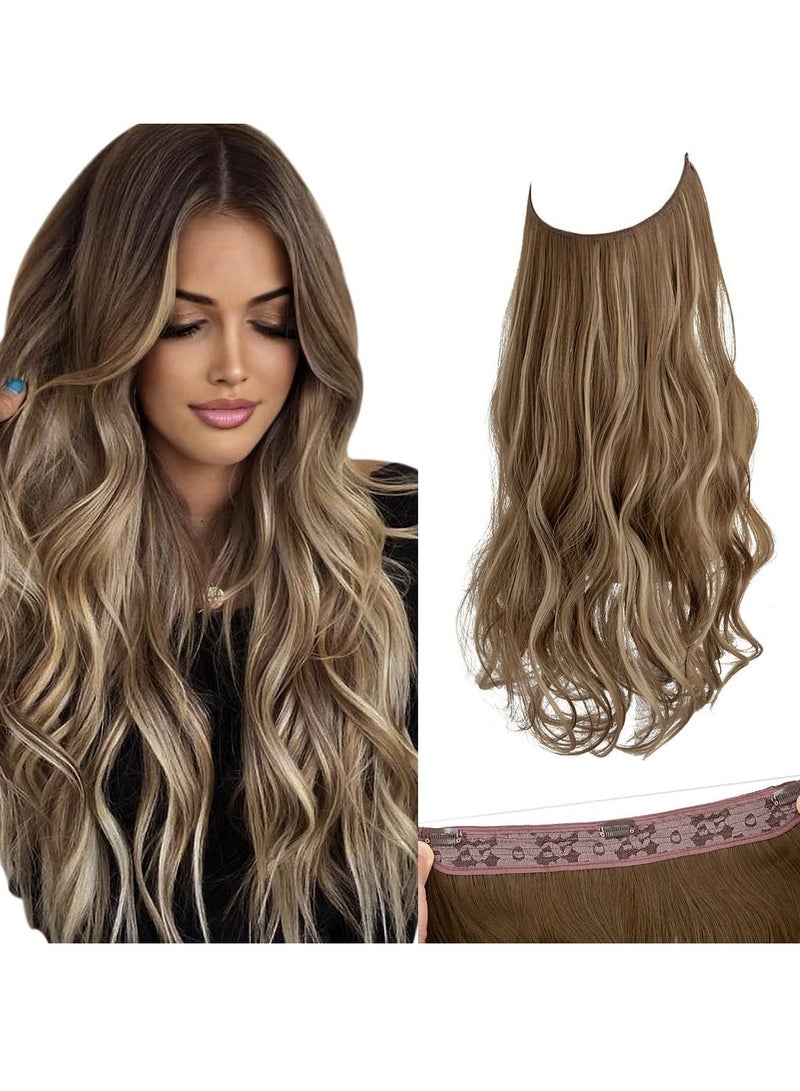 يوڠام وصلات شعر مموجة مجعدة مع خصلات هايلايت بسلك غير مرئي، طوق رأس قابل للتعديل بطول 14 بوصة للنساء من ألياف صناعية مقاومة للحرارة بدون مشابك - Image 1