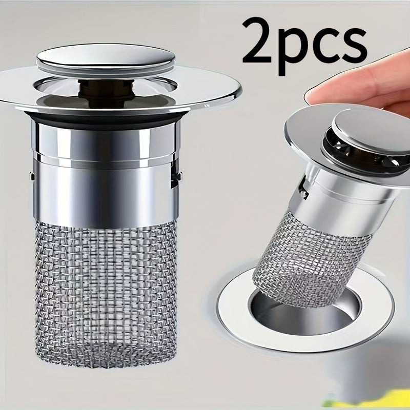 2pcs Stainless Steel Pop Up Bathroom Sink Drain Stopper With Anti Clog Anti Odor Easy Clean - Image 1