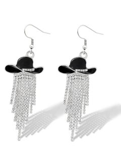 RechicGu Western Cowgirl Enamel Hat Sparkly Rhinestone Tassel Dangle Earrings Prom Country Concerts Cowboy Outfits Rodeo Jewelry Gift For Women,Black Hat…  - Image 1