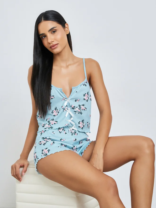Styli Styli Blue Floral Print Lettuce Edge Cami and Shorts Set