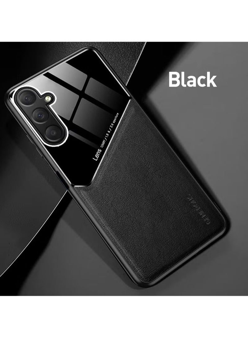 Case Compatible With Samsung Galaxy A16, Cover Luxury Leather And Glass With Car Magnetic Holder Phone Cover Soft Frame Silicone - Black