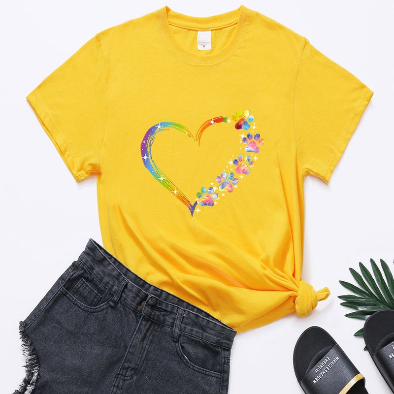 New Color Love Footprint Printing Summer Loose Design Sense Short-Sleeve Pullover Round Neck T-Shirt For Women - Image 1