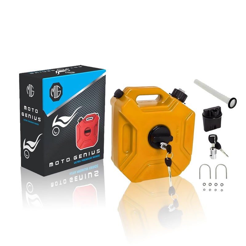 MOTO GENIUS Universal 5 Liter Fuel Jerry Can With Clamp and Cap For Motorcycle | Fuel Container Heavy Duty construction for Petrol/diesel/kerosene Storage (Gold) - Image 1