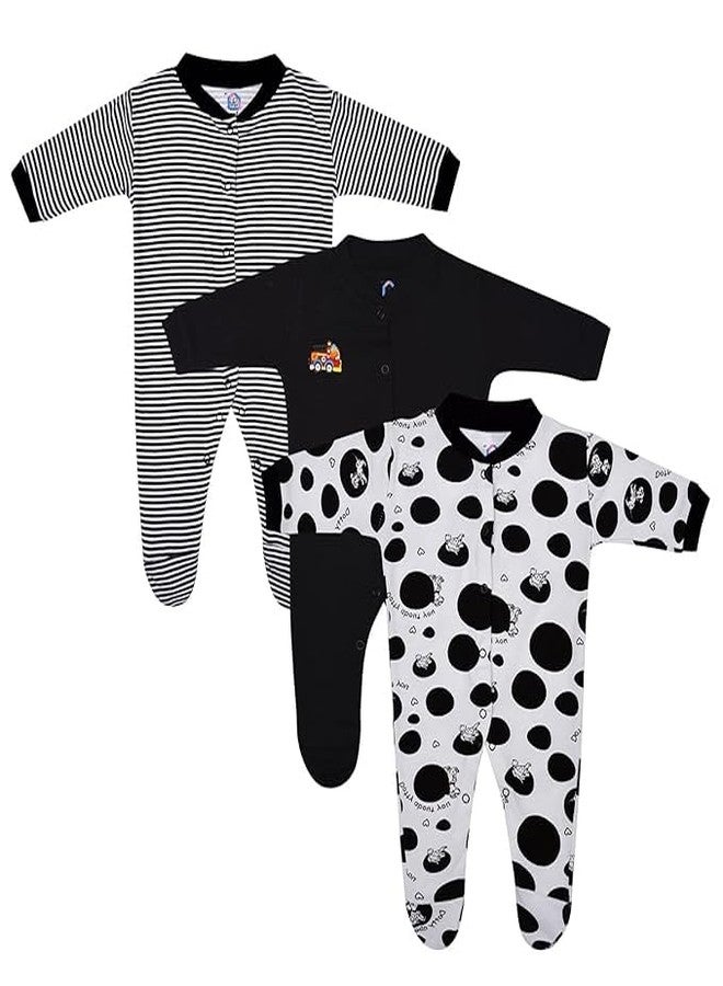 Magic Town® 100% Hosiery Cotton Unisex Long Sleeve Sleep Suit Romper for Boys Girls and Infants Set of 3 (multi color, black) (Newborn)