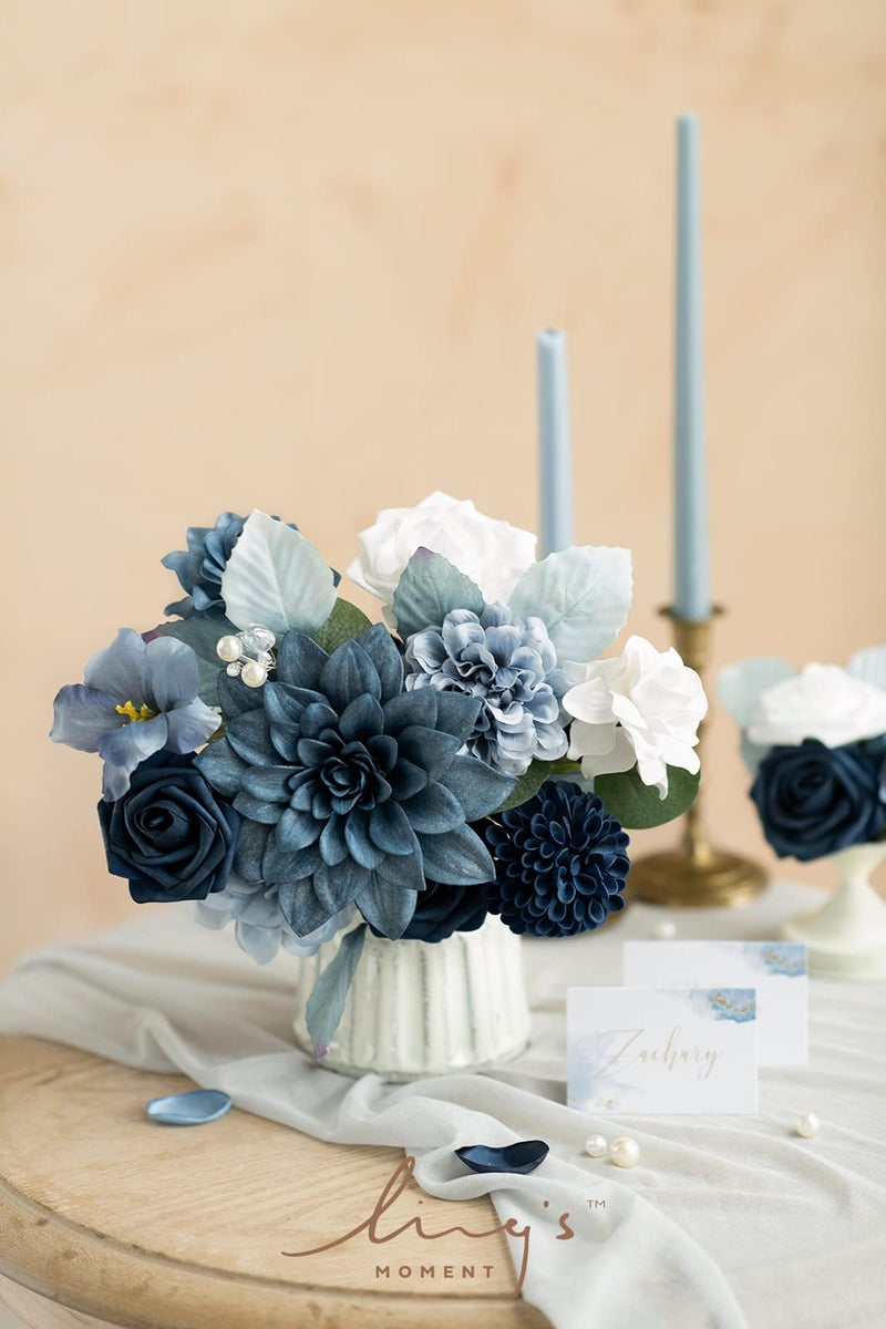 Ling's moment Ling's Moment Flowers Dahlia Artificial Flowers 25 pcs Navy Blue Flowers Fake Flowers w/Stem for DIY Wedding Decor Centerpieces Arrangements Bouquets  - Image 3