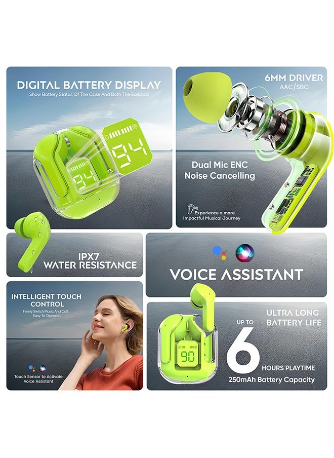 iCruze - iCruze TWS Earbuds with Digital Battery Display, Dual Mic ENC Noise Cancelling, 6mm Drivers, IPX7 Waterproof, Voice Assistant, Touch Control, Up to 6 Hours Playtime, 250mAh Battery - Green - Image 1