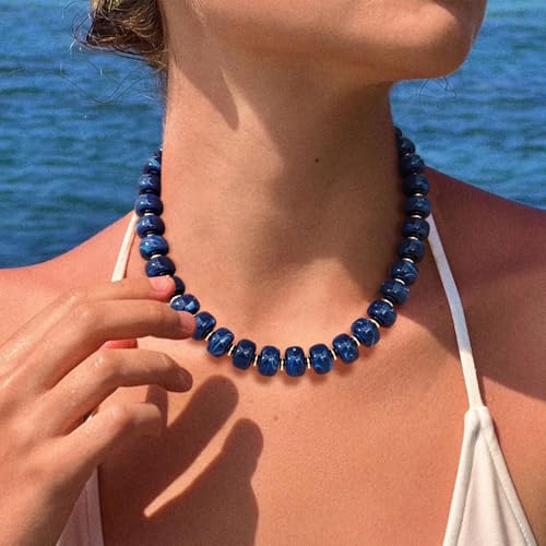 HolidayQbee Beaded Necklace for Women Boho Bead Chunky Necklace Big Bead Necklace Fashion Trendy Summer Blue Resin Beaded Necklaces Jewelry Gifts - Image 2